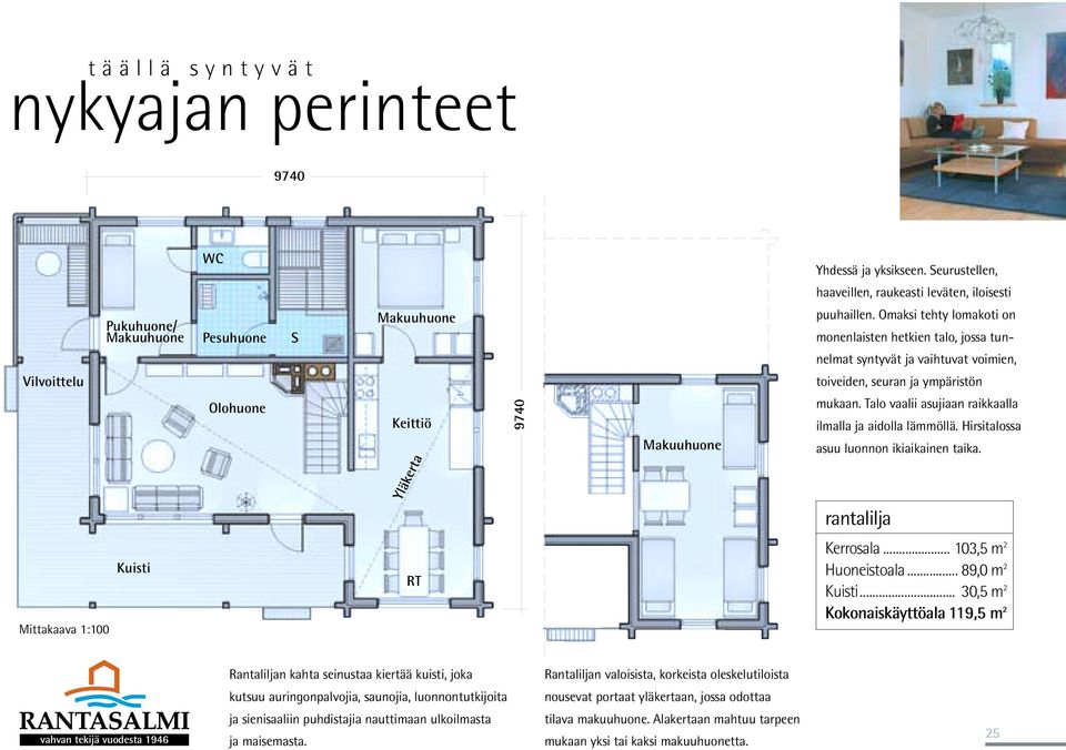 Hirsitalossa asuu luonnon ikiaikainen taika. rantalilja Mittakaava 1:100 Kuisti RT Kerrosala... 103,5 m 2 Huoneistoala... 89,0 m 2 Kuisti.