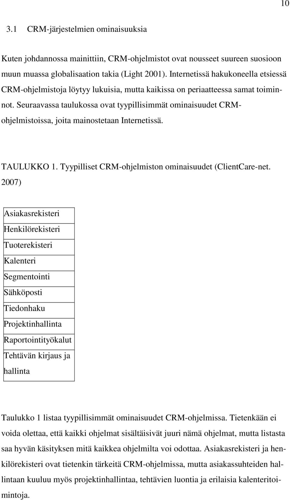 Seuraavassa taulukossa ovat tyypillisimmät ominaisuudet CRMohjelmistoissa, joita mainostetaan Internetissä. TAULUKKO 1. Tyypilliset CRM-ohjelmiston ominaisuudet (ClientCare-net.