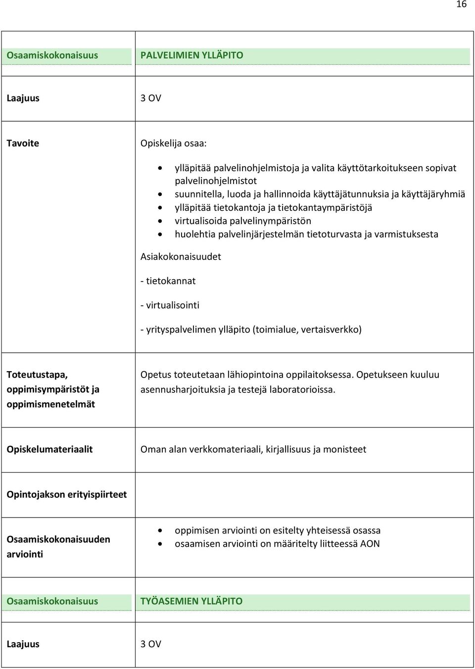 Asiakokonaisuudet - tietokannat - virtualisointi - yrityspalvelimen ylläpito (toimialue, vertaisverkko) Opetus toteutetaan lähiopintoina oppilaitoksessa.