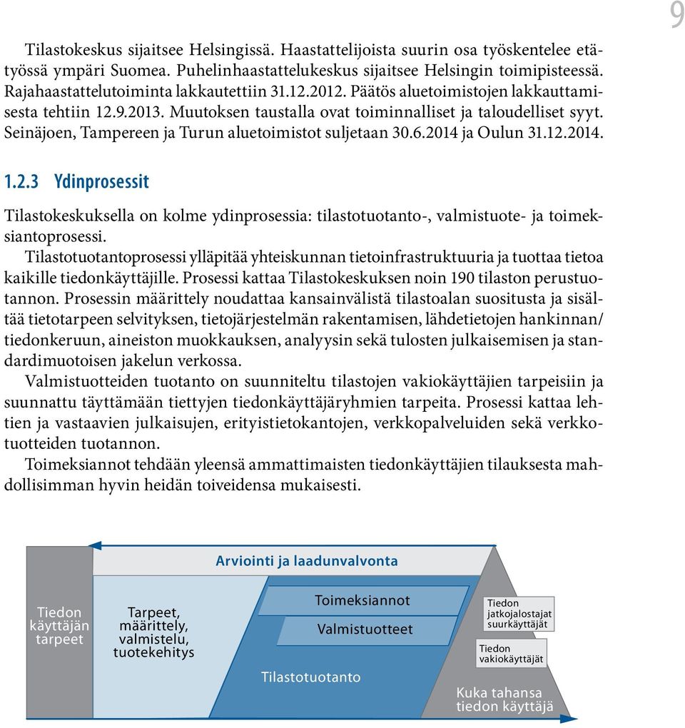 Seinäjoen, Tampereen ja Turun aluetoimistot suljetaan 30.6.2014 ja Oulun 31.12.2014. 9 1.2.3 Ydinprosessit Tilastokeskuksella on kolme ydinprosessia: tilastotuotanto-, valmistuote- ja toimeksiantoprosessi.