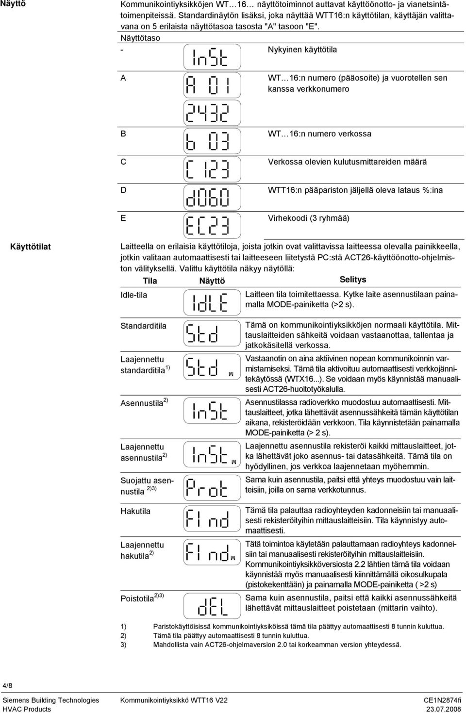 Näyttötaso - Nykyinen käyttötila A WT 16:n numero (pääosoite) ja vuorotellen sen kanssa verkkonumero B WT 16:n numero verkossa C Verkossa olevien kulutusmittareiden määrä D WTT16:n pääpariston