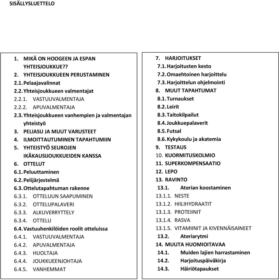 Pelijärjestelmä 6.3. Ottelutapahtuman rakenne 6.3.1. OTTELUUN SAAPUMINEN 6.3.2. OTTELUPALAVERI 6.3.3. ALKUVERRYTTELY 6.3.4. OTTELU 6.4. Vastuuhenkilöiden roolit otteluissa 6.4.1. VASTUUVALMENTAJA 6.4.2. APUVALMENTAJA 6.