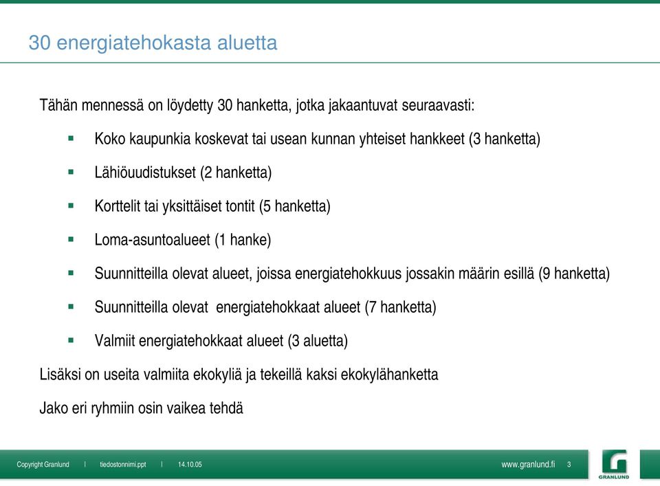 Suunnitteilla olevat alueet, joissa energiatehokkuus jossakin määrin esillä (9 hanketta) Suunnitteilla olevat energiatehokkaat alueet (7