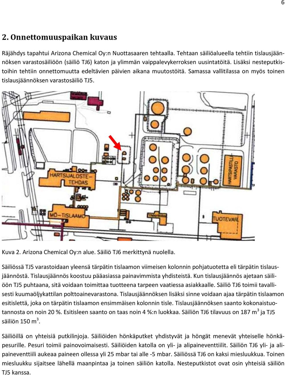 Lisäksi nesteputkistoihin tehtiin onnettomuutta edeltävien päivien aikana muutostöitä. Samassa vallitilassa on myös toinen tislausjäännöksen varastosäiliö TJ5. Kuva 2. Arizona Chemical Oy:n alue.