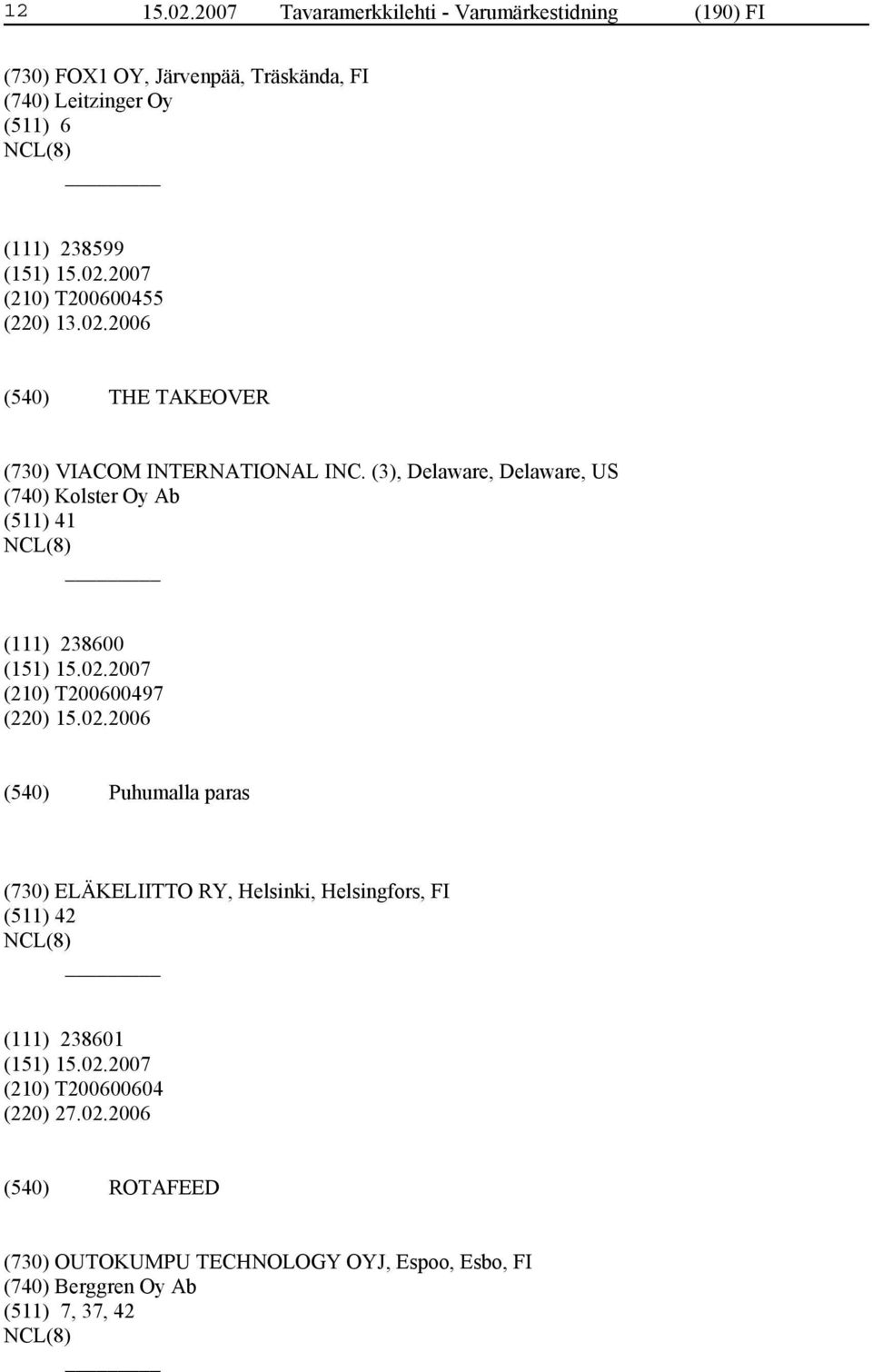 (210) T200600455 (220) 13.02.2006 THE TAKEOVER (730) VIACOM INTERNATIONAL INC.