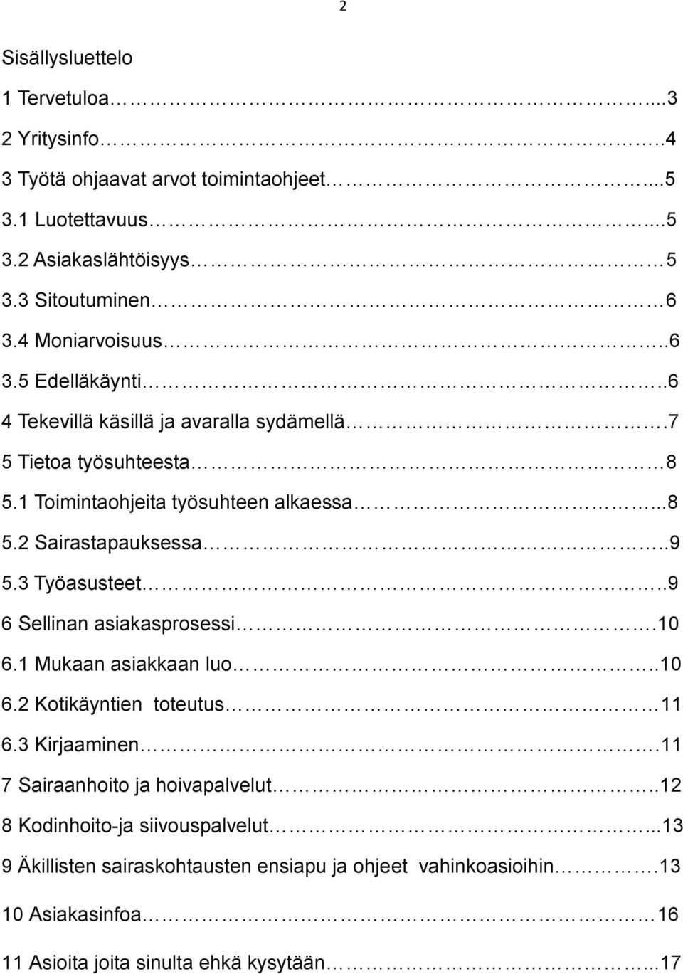 .9 5.3 Työasusteet..9 6 Sellinan asiakasprosessi.10 6.1 Mukaan asiakkaan luo..10 6.2 Kotikäyntien toteutus 11 6.3 Kirjaaminen.11 7 Sairaanhoito ja hoivapalvelut.