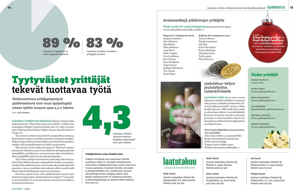 89 % 83 % vastaajista oli tyytyväisiä tai vastaajista suosittelisi Laatutakuuyrittäjyyttä erittäin tyytyväisiä työhönsä. muillekin.