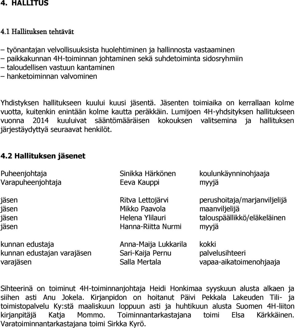 hanketoiminnan valvominen Yhdistyksen hallitukseen kuului kuusi jäsentä. Jäsenten toimiaika on kerrallaan kolme vuotta, kuitenkin enintään kolme kautta peräkkäin.