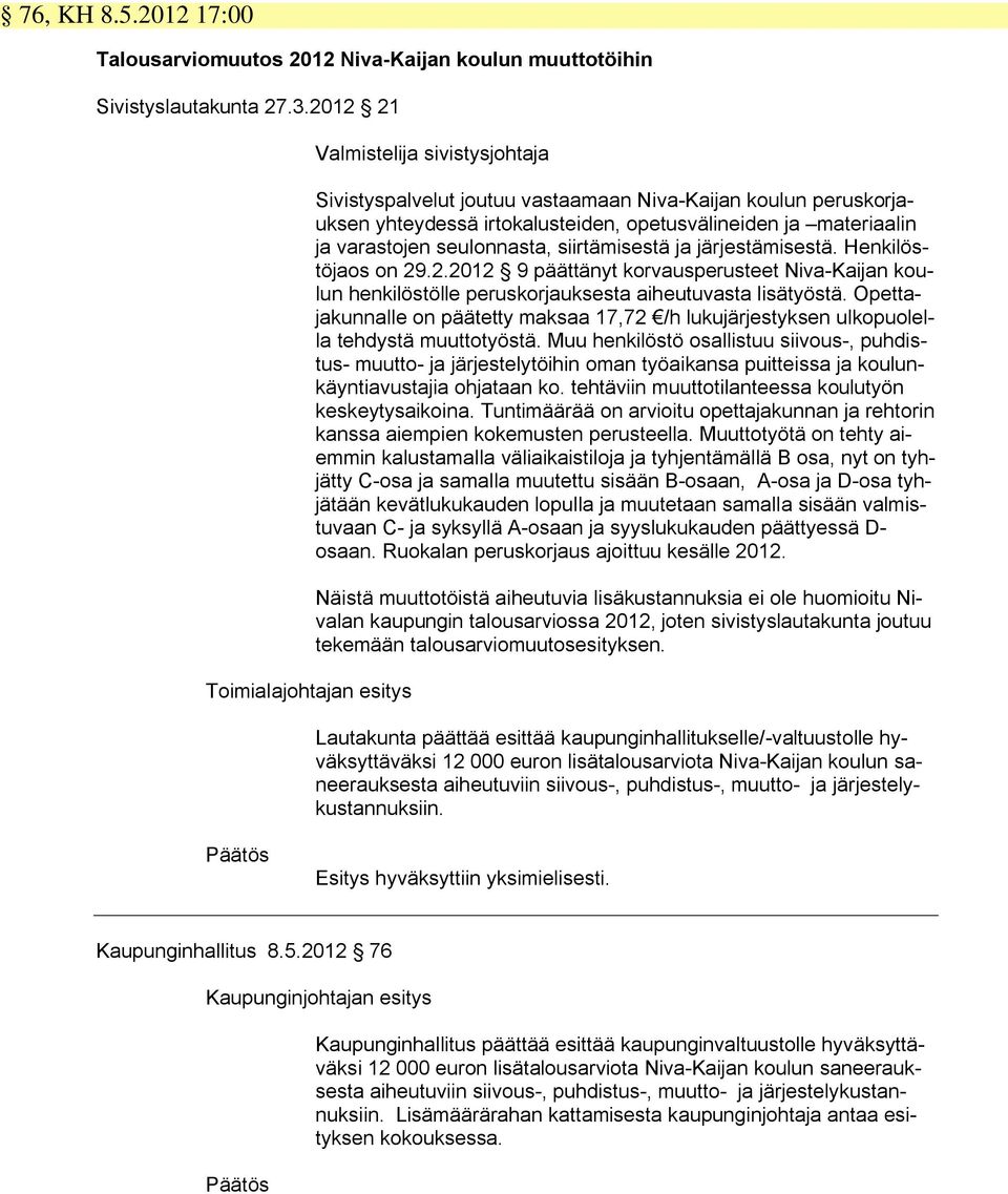 varastojen seulonnasta, siirtämisestä ja järjestämisestä. Henkilöstöjaos on 29.2.2012 9 päättänyt korvausperusteet Niva-Kaijan koulun henkilöstölle peruskorjauksesta aiheutuvasta lisätyöstä.