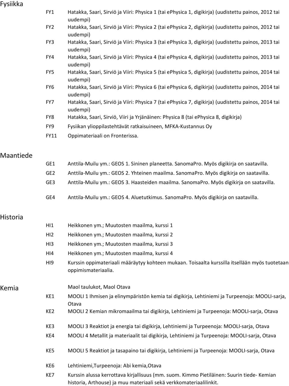 ephysica 4, digikirja) (uudistettu painos, 2013 tai Hatakka, Saari, Sirviö ja Viiri: Physica 5 (tai ephysica 5, digikirja) (uudistettu painos, 2014 tai Hatakka, Saari, Sirviö ja Viiri: Physica 6 (tai