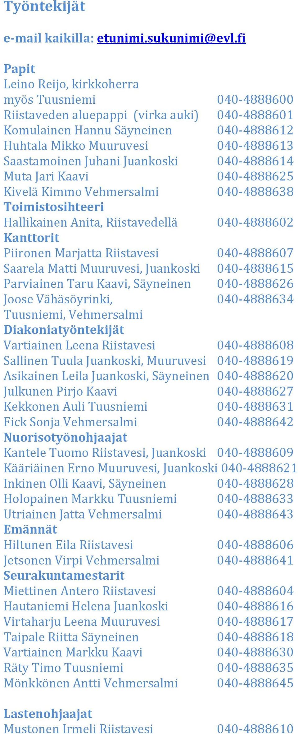 Juhani Juankoski 040-4888614 Muta Jari Kaavi 040-4888625 Kivelä Kimmo Vehmersalmi 040-4888638 Toimistosihteeri Hallikainen Anita, Riistavedellä 040-4888602 Kanttorit Piironen Marjatta Riistavesi