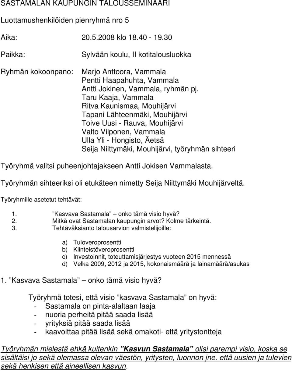 Taru Kaaja, Vammala Ritva Kaunismaa, Mouhijärvi Tapani Lähteenmäki, Mouhijärvi Toive Uusi - Rauva, Mouhijärvi Valto Vilponen, Vammala Ulla Yli - Hongisto, Äetsä Seija Niittymäki, Mouhijärvi,