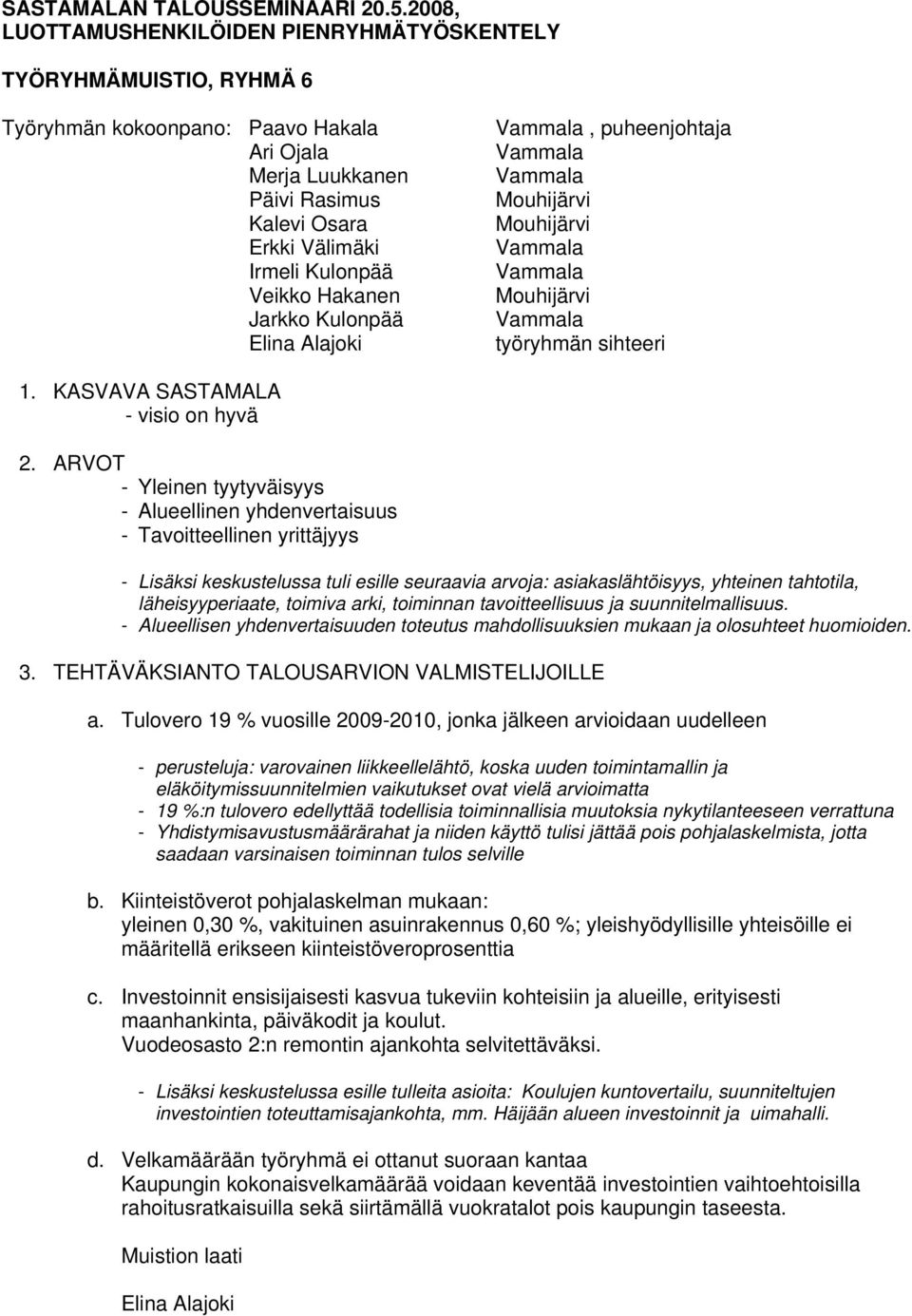 Hakanen Jarkko Kulonpää Elina Alajoki Vammala, puheenjohtaja Vammala Vammala Mouhijärvi Mouhijärvi Vammala Vammala Mouhijärvi Vammala työryhmän sihteeri 1. KASVAVA SASTAMALA - visio on hyvä 2.