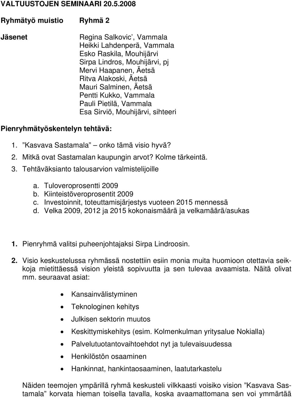 Salminen, Äetsä Pentti Kukko, Vammala Pauli Pietilä, Vammala Esa Sirviö, Mouhijärvi, sihteeri Pienryhmätyöskentelyn tehtävä: 1. Kasvava Sastamala onko tämä visio hyvä? 2.