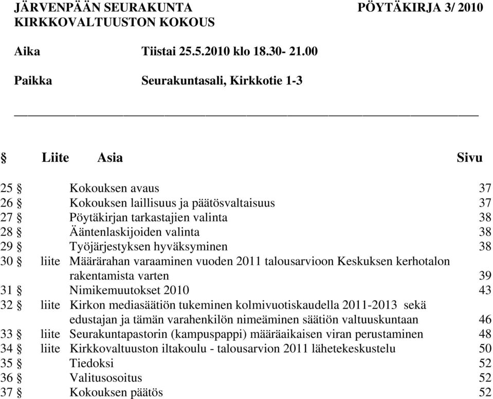 Työjärjestyksen hyväksyminen 38 30 liite Määrärahan varaaminen vuoden 2011 talousarvioon Keskuksen kerhotalon rakentamista varten 39 31 Nimikemuutokset 2010 43 32 liite Kirkon mediasäätiön tukeminen