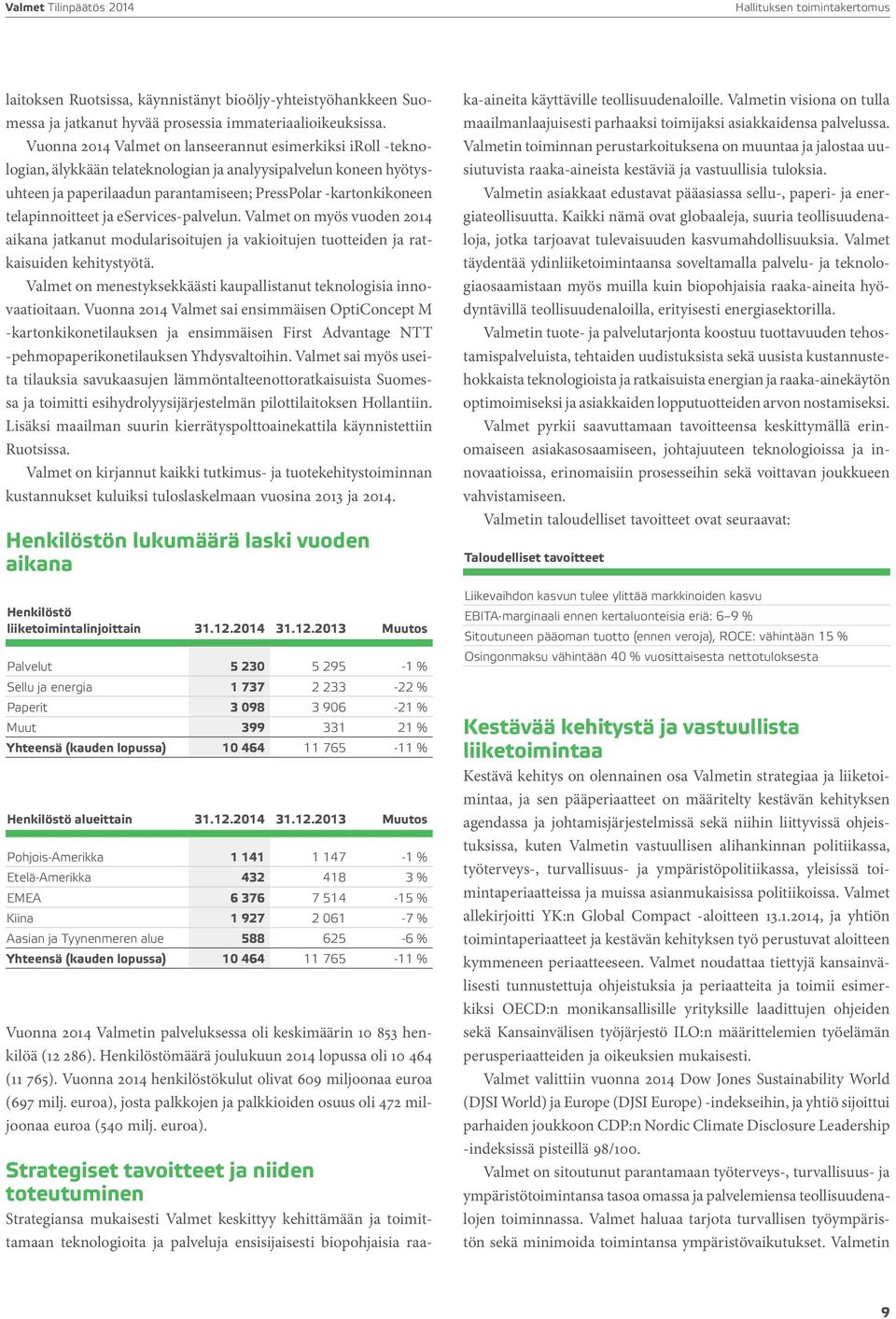 telapinnoitteet ja eservices-palvelun. Valmet on myös vuoden 2014 aikana jatkanut modularisoitujen ja vakioitujen tuotteiden ja ratkaisuiden kehitystyötä.