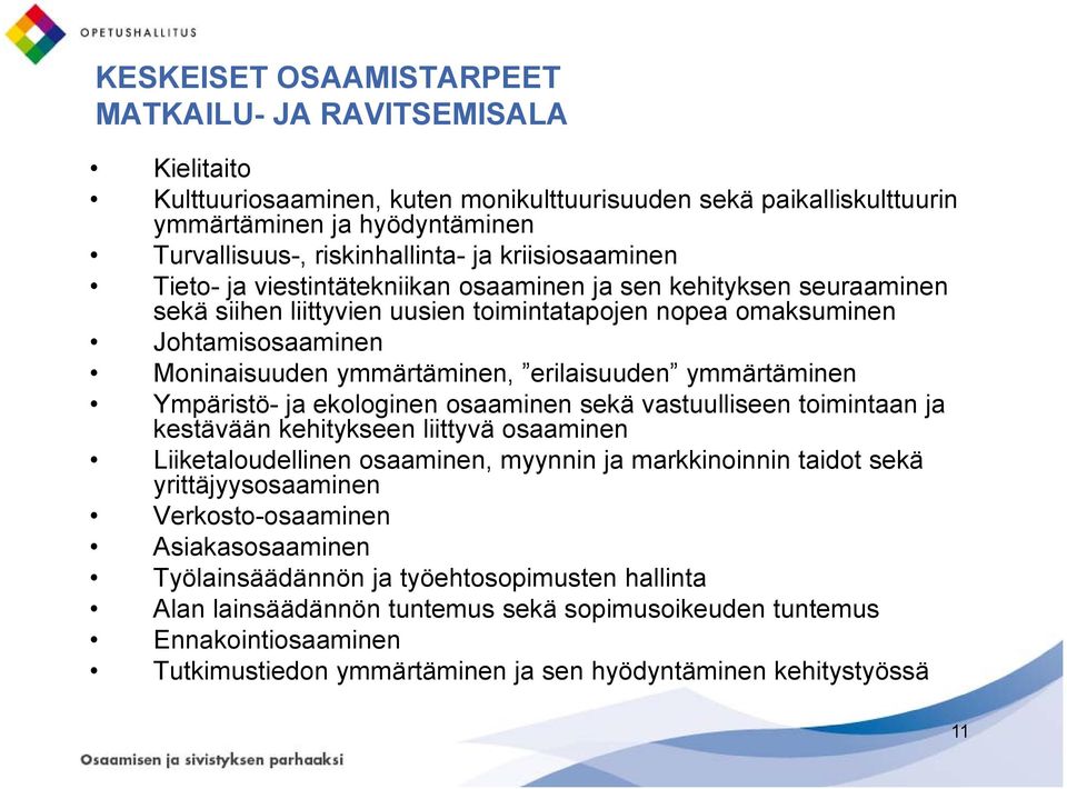 erilaisuuden ymmärtäminen Ympäristö- ja ekologinen osaaminen sekä vastuulliseen toimintaan ja kestävään kehitykseen liittyvä osaaminen Liiketaloudellinen osaaminen, myynnin ja markkinoinnin taidot