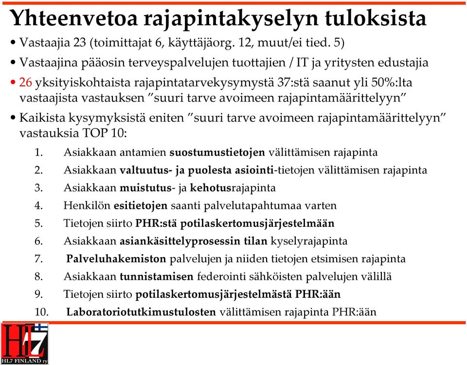 rajapintamäärittelyyn Kaikista kysymyksistä eniten suuri tarve avoimeen rajapintamäärittelyyn vastauksia TOP 10: 1. Asiakkaan antamien suostumustietojen välittämisen rajapinta 2.