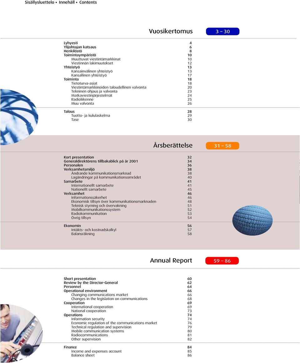 Radioliikenne 25 Muu valvonta 26 Talous 28 Tuotto- ja kululaskelma 29 Tase 30 Årsberättelse 31 58 Kort presentation 32 Generaldirektörens tillbakablick på år 2001 34 Personalen 36 Verksamhetsmiljö 38