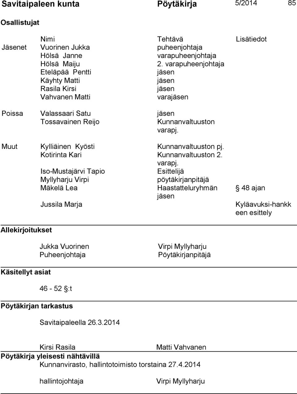 Muut Kylliäinen Kyösti Kunnanvaltuuston pj. Kotirinta Kari Kunnanvaltuuston 2. varapj.