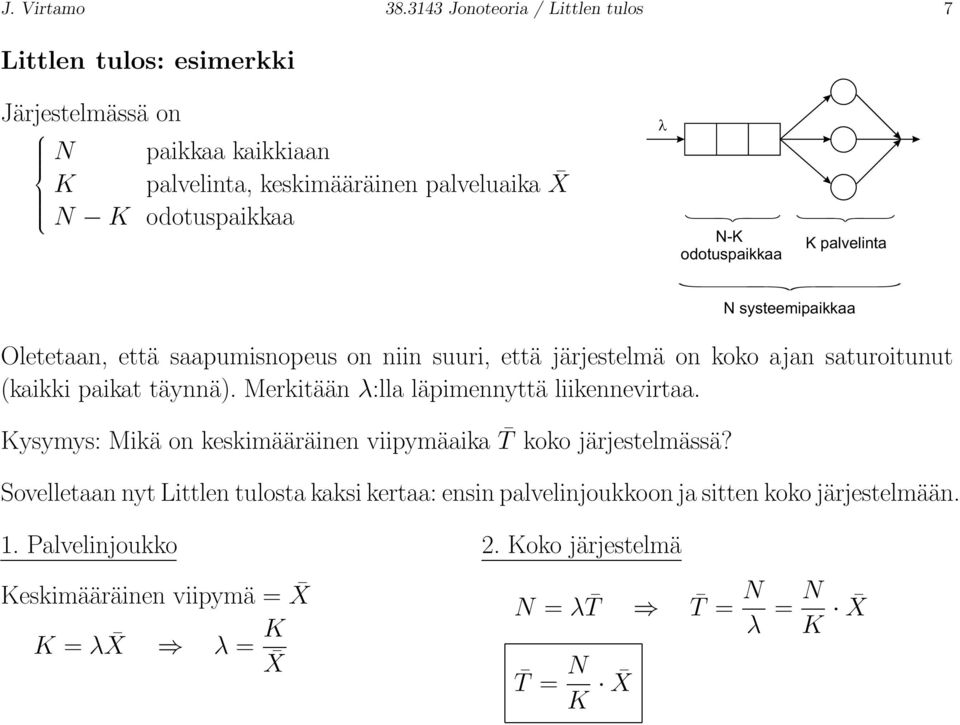 odotuspaikkaa K palvelinta N systeemipaikkaa Oletetaan, että saapumisnopeus on niin suuri, että järjestelmä on koko ajan saturoitunut (kaikki paikat täynnä).