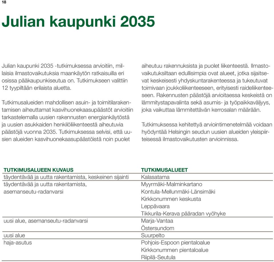 Tutkimusalueiden mahdollisen asuin- ja toimitilarakentamisen aiheuttamat kasvihuonekaasupäästöt arvioitiin tarkastelemalla uusien rakennusten energiankäytöstä ja uusien asukkaiden henkilöliikenteestä