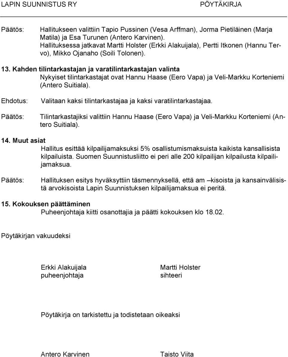 Kahden tilintarkastajan ja varatilintarkastajan valinta Nykyiset tilintarkastajat ovat Hannu Haase (Eero Vapa) ja Veli-Markku Korteniemi (Antero Suitiala).
