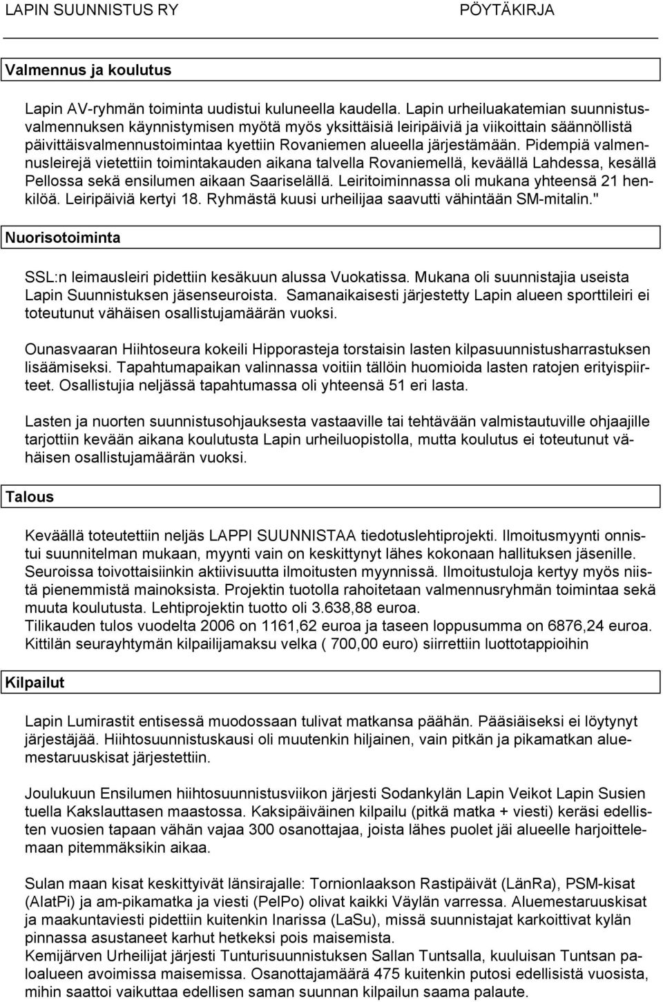 Pidempiä valmennusleirejä vietettiin toimintakauden aikana talvella Rovaniemellä, keväällä Lahdessa, kesällä Pellossa sekä ensilumen aikaan Saariselällä.