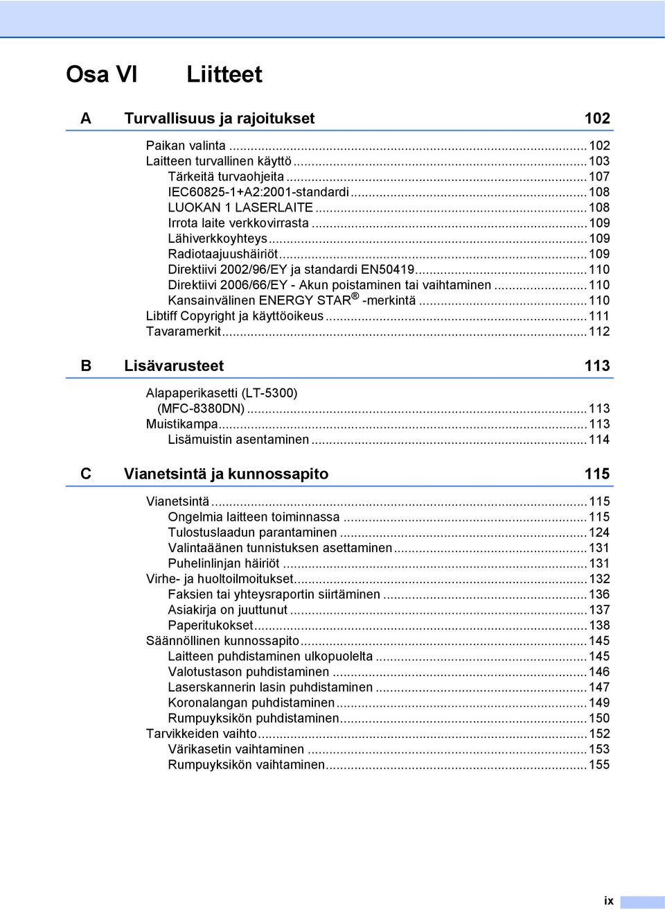 ..110 Kansainvälinen ENERGY STAR -merkintä...110 Libtiff Copyright ja käyttöoikeus...111 Tavaramerkit...112 B Lisävarusteet 113 Alapaperikasetti (LT-5300) (MFC-8380DN)...113 Muistikampa.