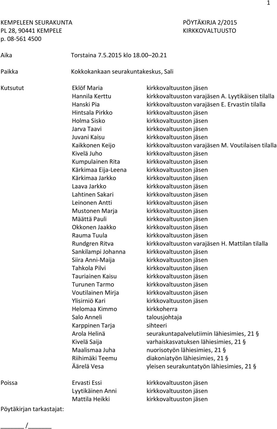 Ervastin tilalla Hintsala Pirkko Holma Sisko Jarva Taavi Juvani Kaisu Kaikkonen Keijo kirkkovaltuuston varajäsen M.