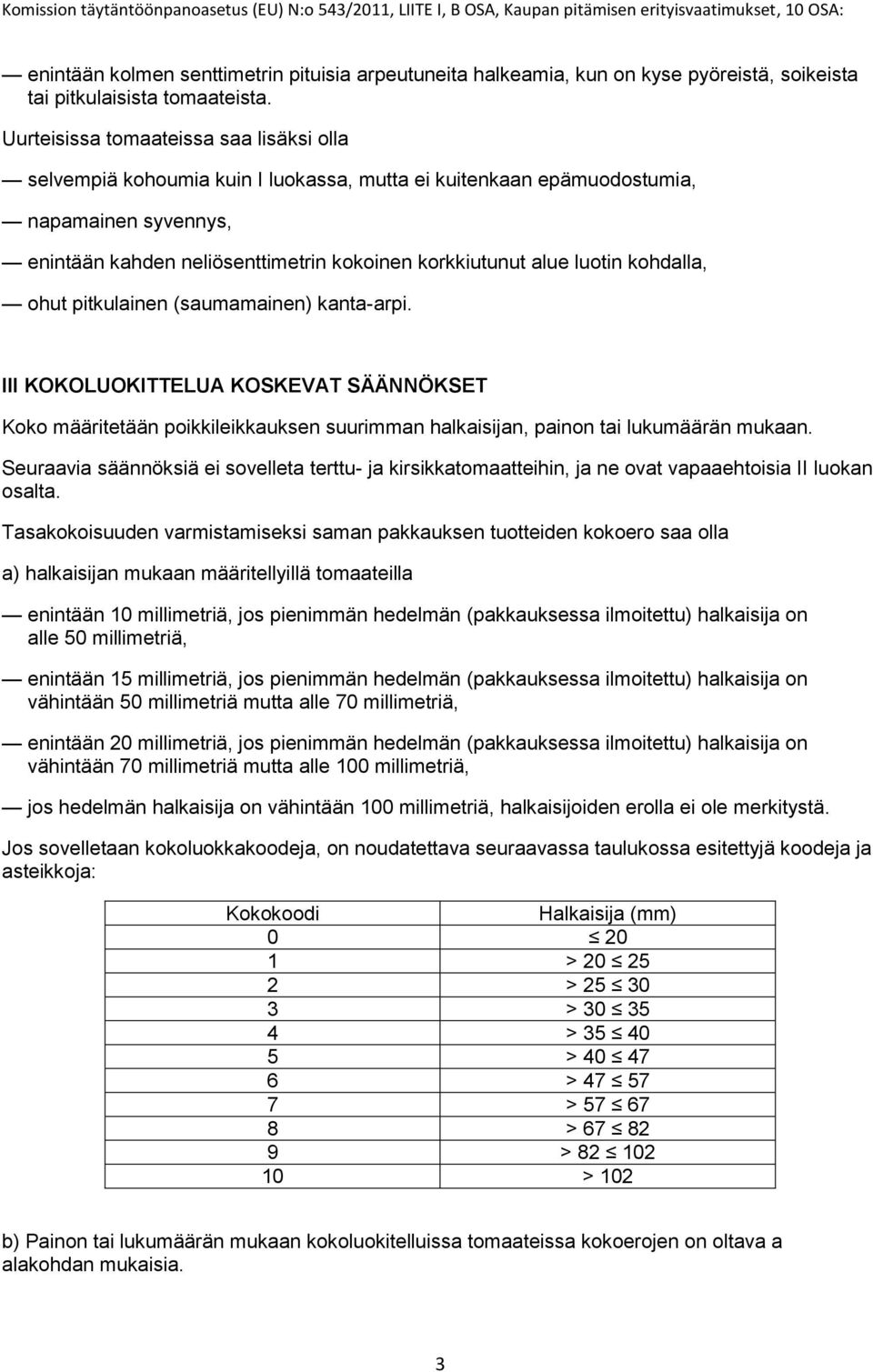 luotin kohdalla, ohut pitkulainen (saumamainen) kanta-arpi. III KOKOLUOKITTELUA KOSKEVAT SÄÄNNÖKSET Koko määritetään poikkileikkauksen suurimman halkaisijan, painon tai lukumäärän mukaan.