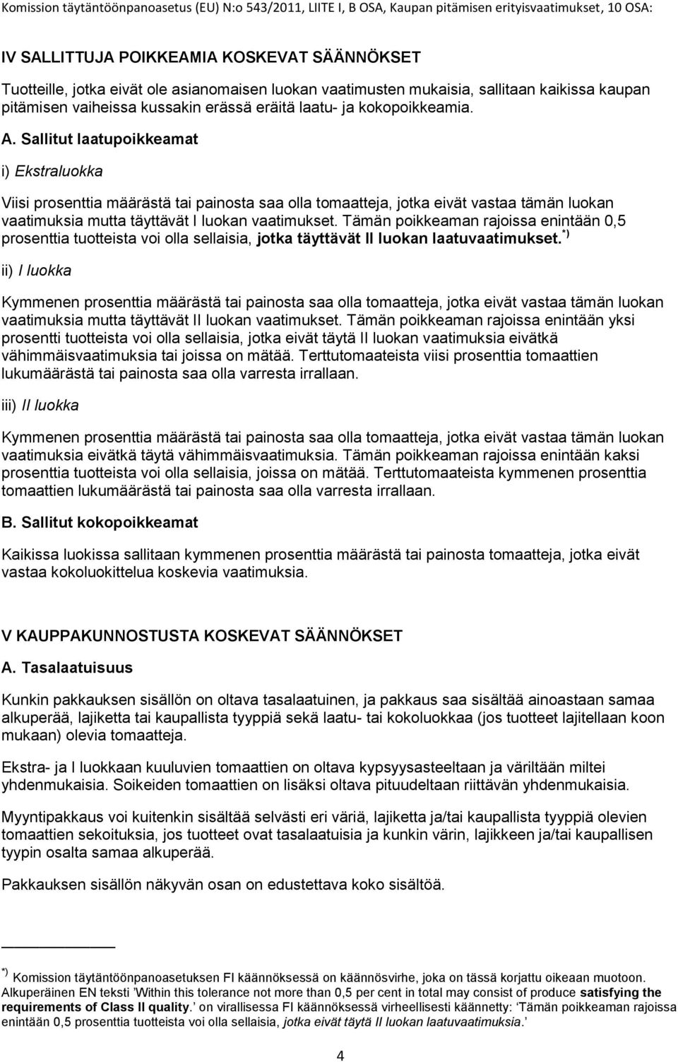 Sallitut laatupoikkeamat i) Ekstraluokka Viisi prosenttia määrästä tai painosta saa olla tomaatteja, jotka eivät vastaa tämän luokan vaatimuksia mutta täyttävät I luokan vaatimukset.