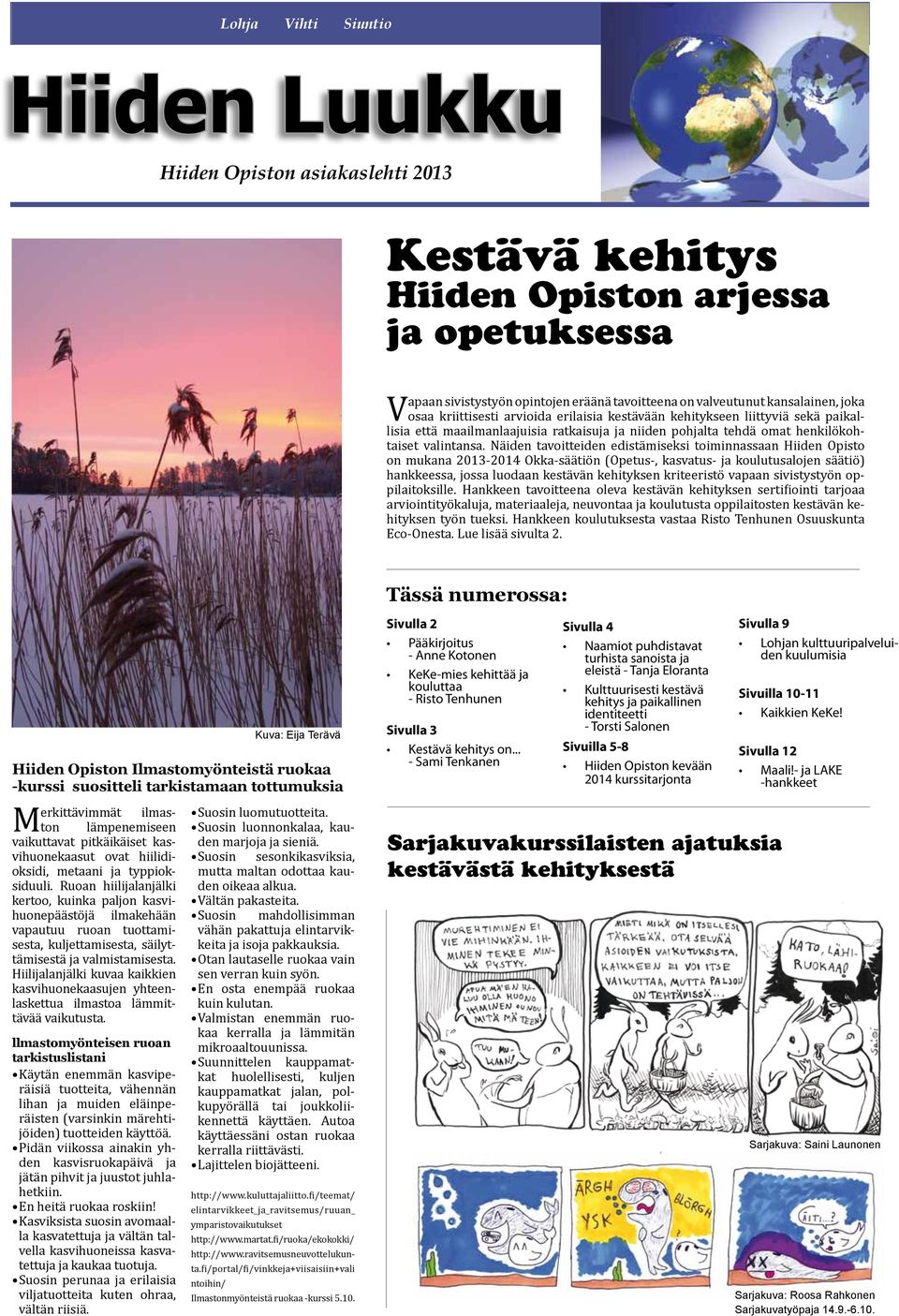 Näiden tavoitteiden edistämiseksi toiminnassaan Hiiden Opisto on mukana 2013-2014 Okka-säätiön (Opetus-, kasvatus- ja koulutusalojen säätiö) hankkeessa, jossa luodaan kestävän kehityksen kriteeristö