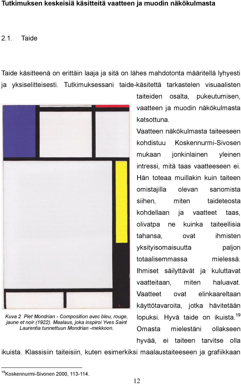 Maalaus, joka inspiroi Yves Saint Laurentia tunnettuun Mondrian -mekkoon. taiteiden osalta, pukeutumisen, vaatteen ja muodin näkökulmasta katsottuna.