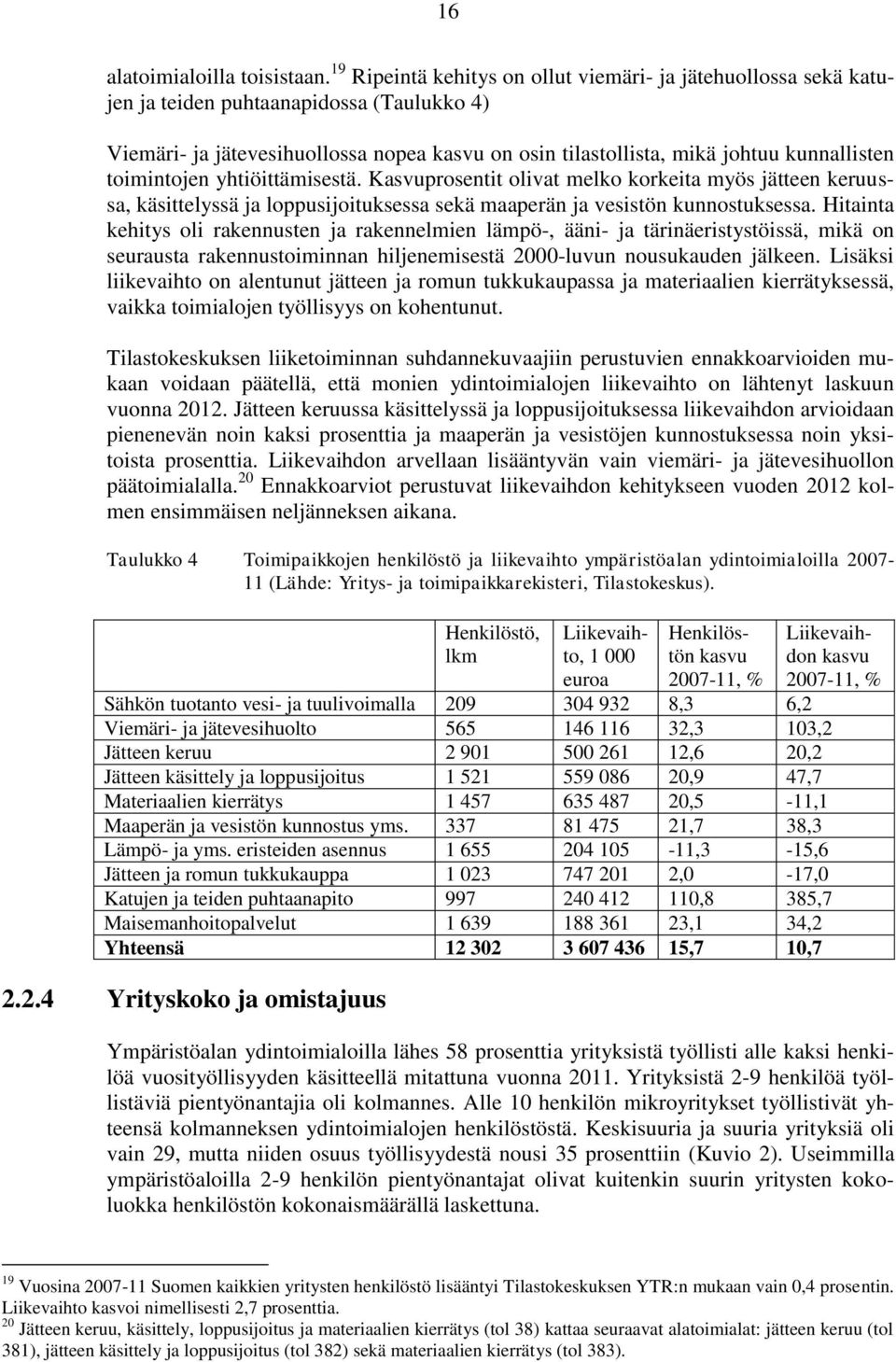 toimintojen yhtiöittämisestä. Kasvuprosentit olivat melko korkeita myös jätteen keruussa, käsittelyssä ja loppusijoituksessa sekä maaperän ja vesistön kunnostuksessa.