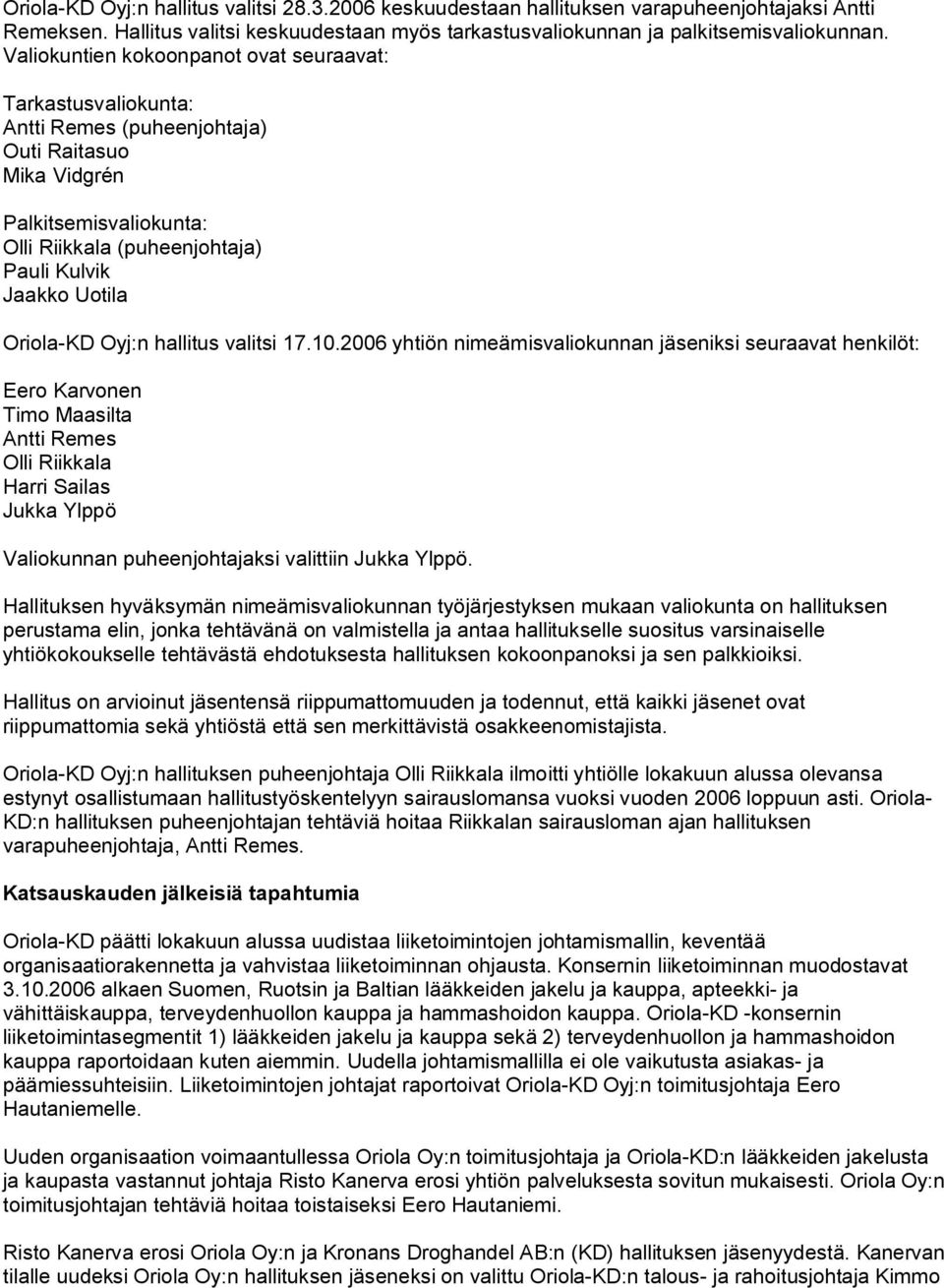 Oriola KD Oyj:n hallitus valitsi 17.10.