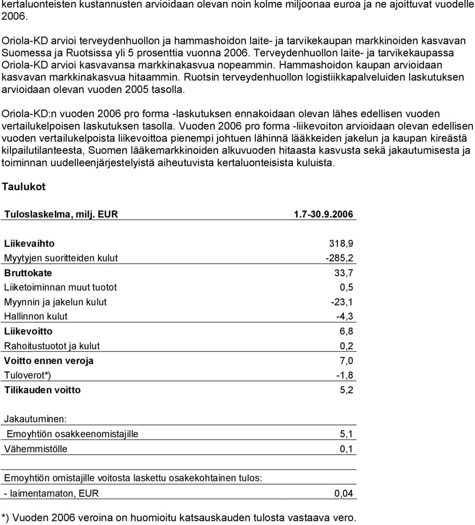 Terveydenhuollon laite ja tarvikekaupassa Oriola KD arvioi kasvavansa markkinakasvua nopeammin. Hammashoidon kaupan arvioidaan kasvavan markkinakasvua hitaammin.