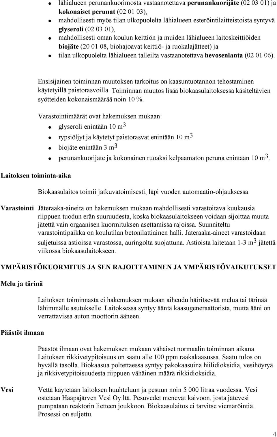 vastaanotettava hevosenlanta (02 01 06). Laitoksen toiminta-aika Ensisijainen toiminnan muutoksen tarkoitus on kaasuntuotannon tehostaminen käytetyillä paistorasvoilla.