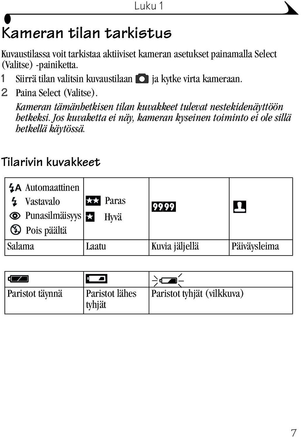 Kameran tämänhetkisen tilan kuvakkeet tulevat nestekidenäyttöön hetkeksi.