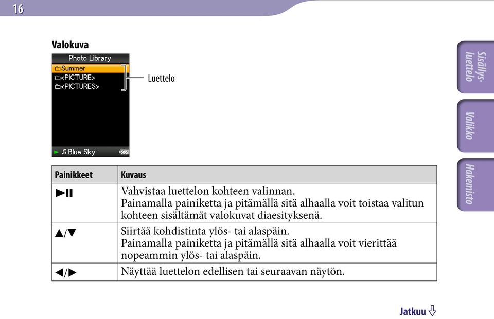 valokuvat diaesityksenä. Siirtää kohdistinta ylös- tai alaspäin.