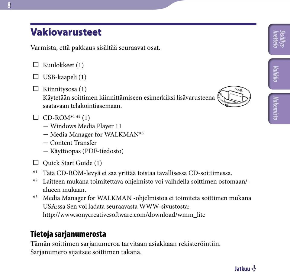 CD-ROM* 1 * 2 (1) Windows Media Player 11 Media Manager for WALKMAN* 3 Content Transfer Käyttöopas (PDF-tiedosto) Quick Start Guide (1) * 1 Tätä CD-ROM-levyä ei saa yrittää toistaa tavallisessa