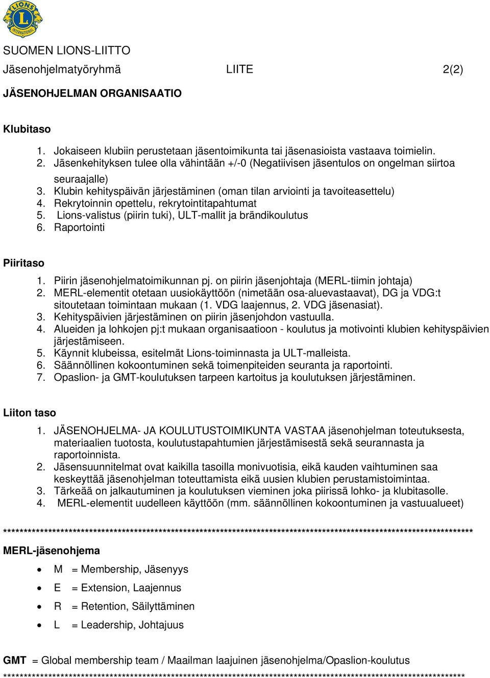 Raportointi Piiritaso 1. Piirin jäsenohjelmatoimikunnan pj. on piirin jäsenjohtaja (MERL-tiimin johtaja) 2.