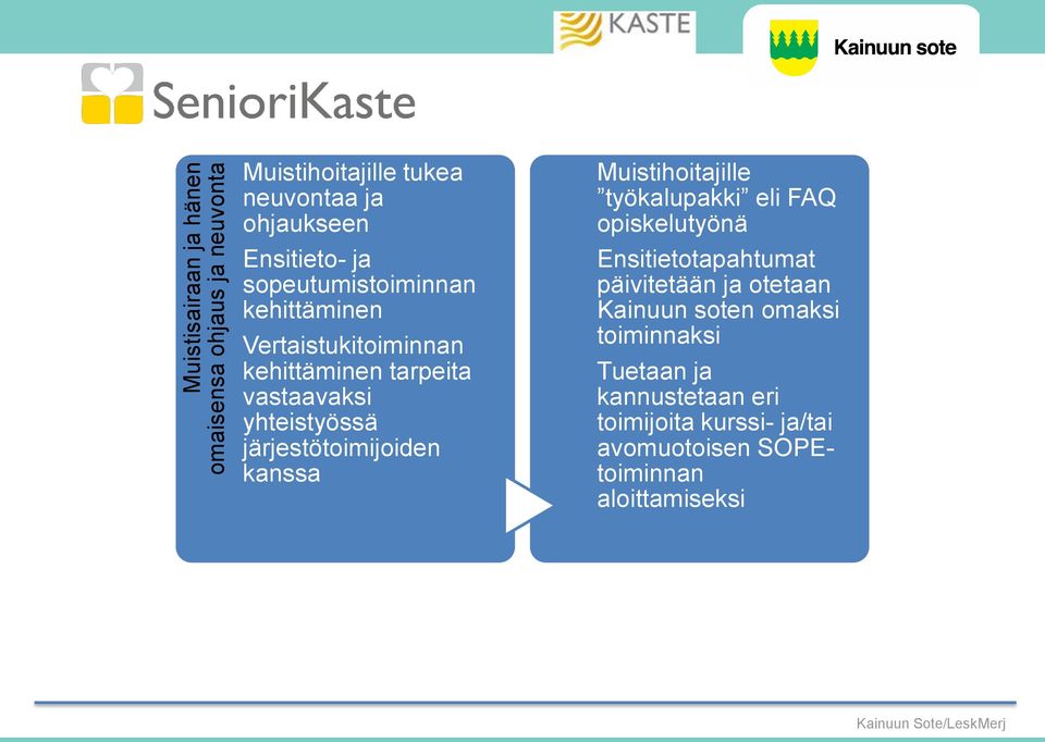 järjestötoimijoiden kanssa Muistihoitajille työkalupakki eli FAQ opiskelutyönä Ensitietotapahtumat päivitetään ja