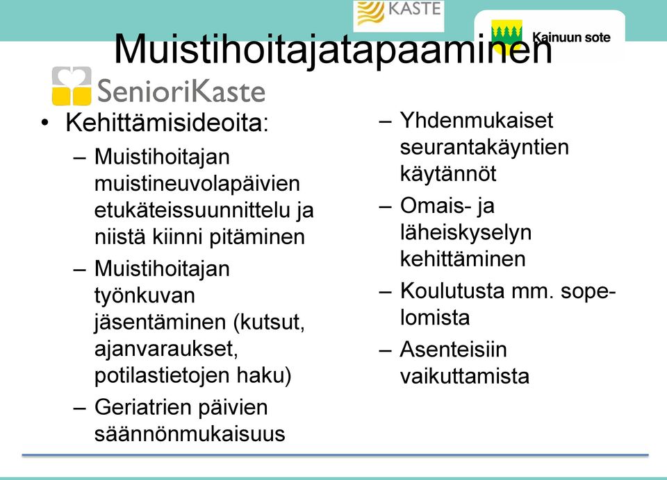 ajanvaraukset, potilastietojen haku) Geriatrien päivien säännönmukaisuus Yhdenmukaiset