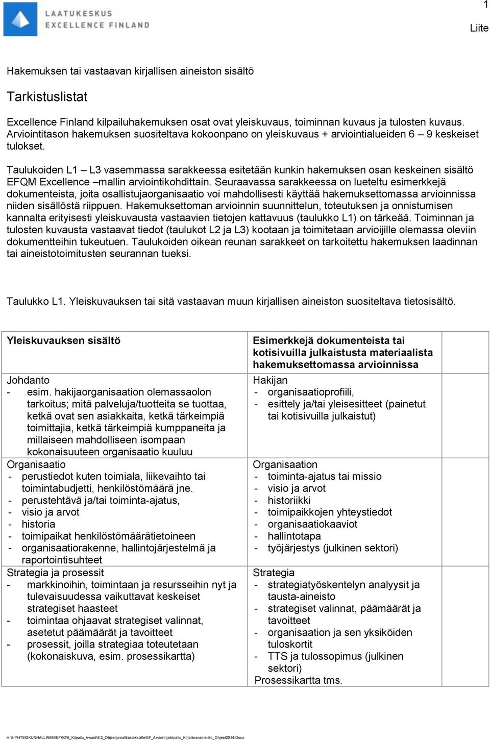 Taulukoiden L1 L3 vasemmassa sarakkeessa esitetään kunkin hakemuksen osan keskeinen sisältö EFQM Excellence mallin arviointikohdittain.