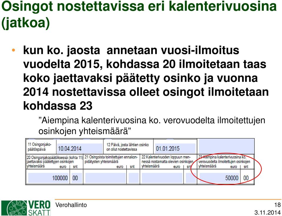jaettavaksi päätetty osinko ja vuonna 2014 nostettavissa olleet osingot