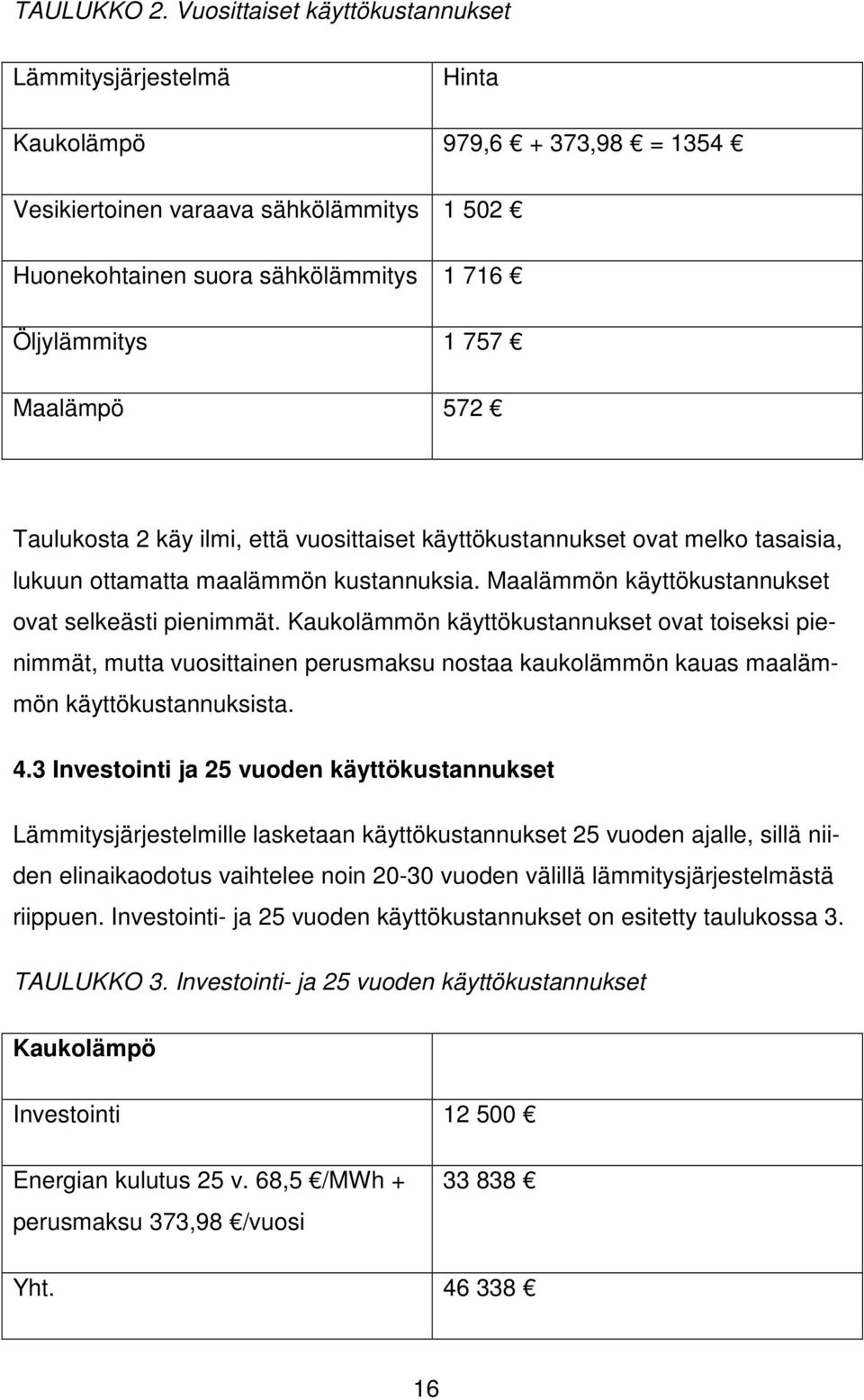 Maalämpö 572 Taulukosta 2 käy ilmi, että vuosittaiset käyttökustannukset ovat melko tasaisia, lukuun ottamatta maalämmön kustannuksia. Maalämmön käyttökustannukset ovat selkeästi pienimmät.