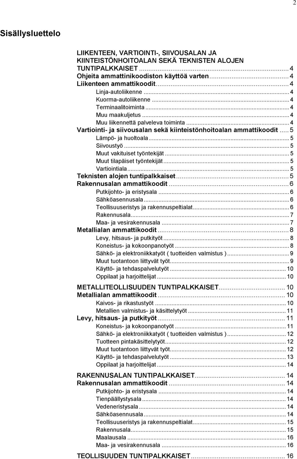 .. 4 Vartiointi- ja siivousalan sekä kiinteistönhoitoalan ammattikoodit... 5 Lämpö- ja huoltoala... 5 Siivoustyö... 5 Muut vakituiset työntekijät... 5 Muut tilapäiset työntekijät... 5 Vartiointiala.