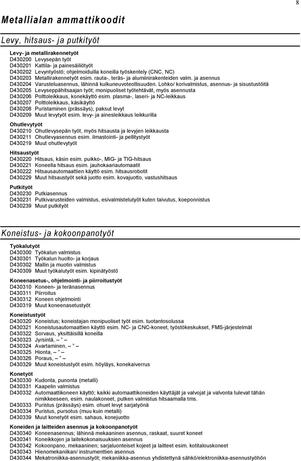 Lohko/ korivalmistus, asennus- ja sisustustöitä D430205 Levyseppähitsaajan työt; monipuoliset työtehtävät, myös asennusta D430206 Polttoleikkaus, konekäyttö esim.