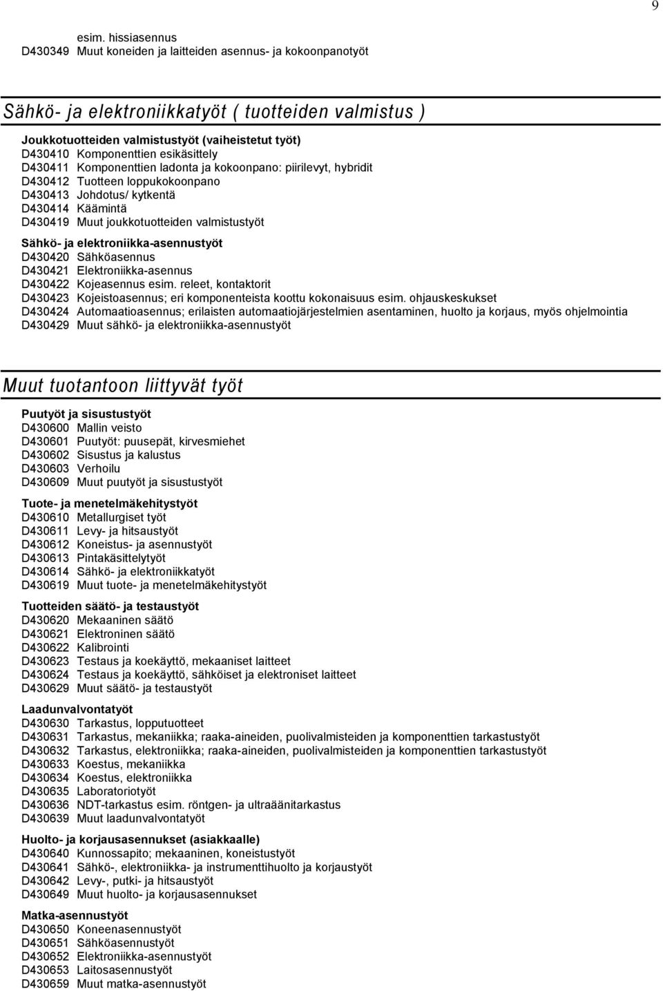 Komponenttien esikäsittely D430411 Komponenttien ladonta ja kokoonpano: piirilevyt, hybridit D430412 Tuotteen loppukokoonpano D430413 Johdotus/ kytkentä D430414 Käämintä D430419 Muut joukkotuotteiden